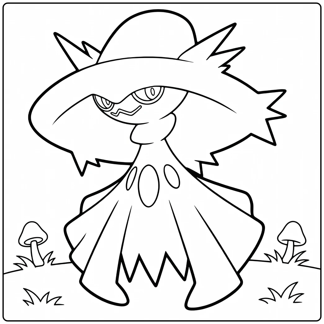 Pokemon Mismagius kleurplaat: spook met hoed en paddenstoelen