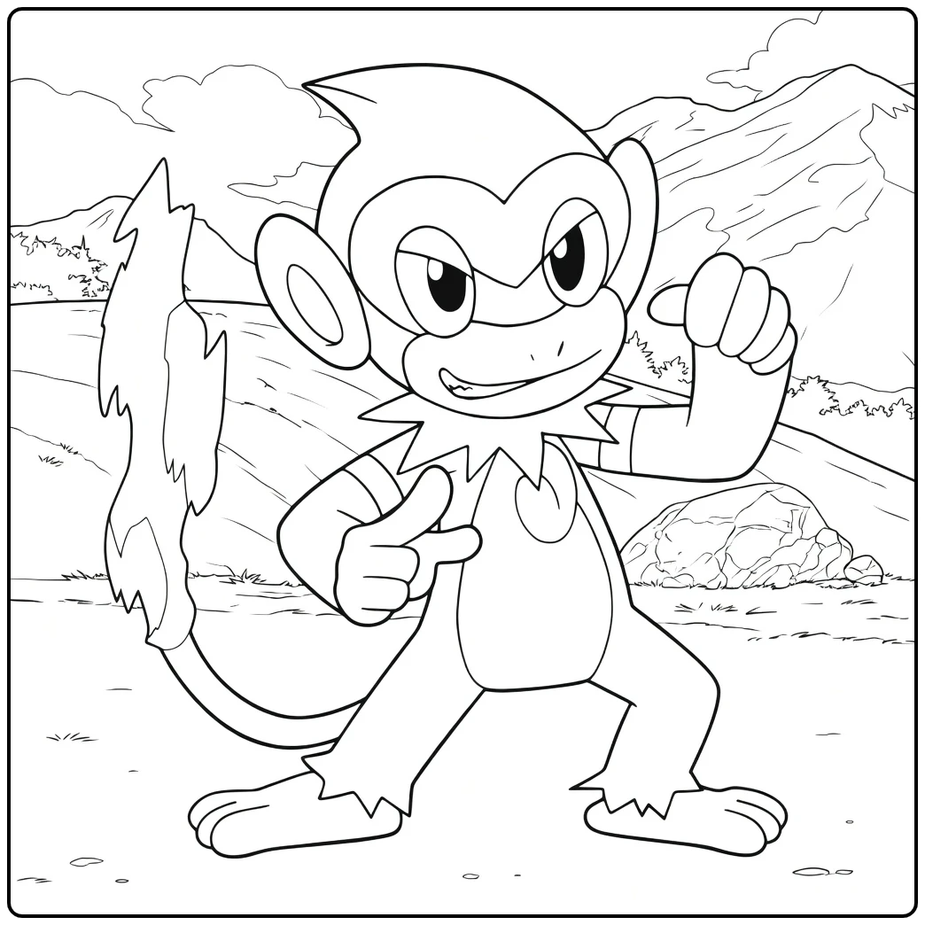 Pokemon Monferno kleurplaat met stoere pose en berglandschap