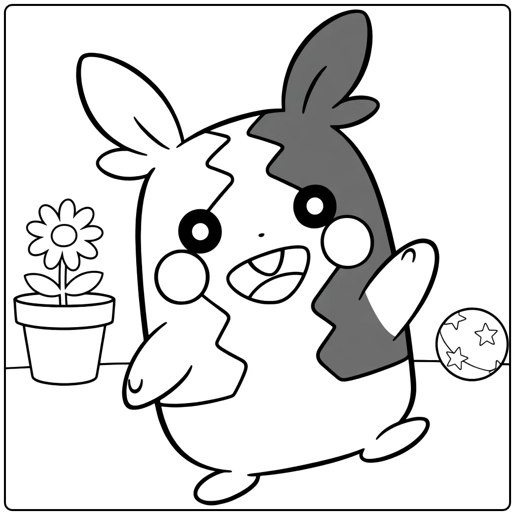 Pokemon Morpeko kleurplaat: zwaaiende Morpeko met bloem en bal