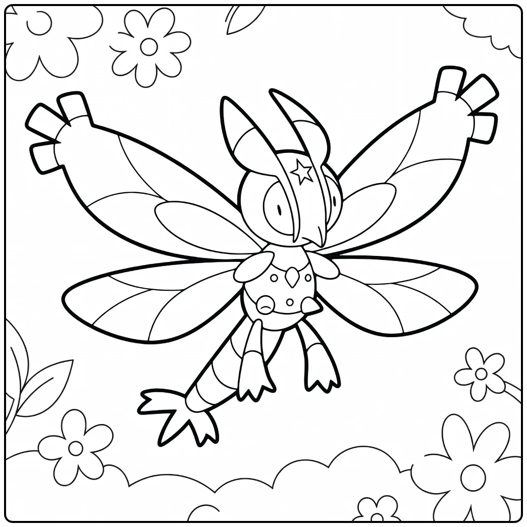 Pokemon Mothim kleurplaat met vleugels en bloemen
