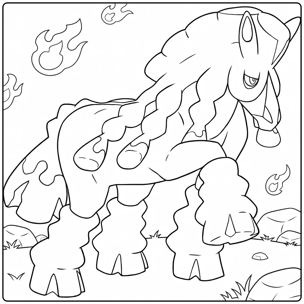 Pokemon Mudsdale kleurplaat met vlammen en rotsen