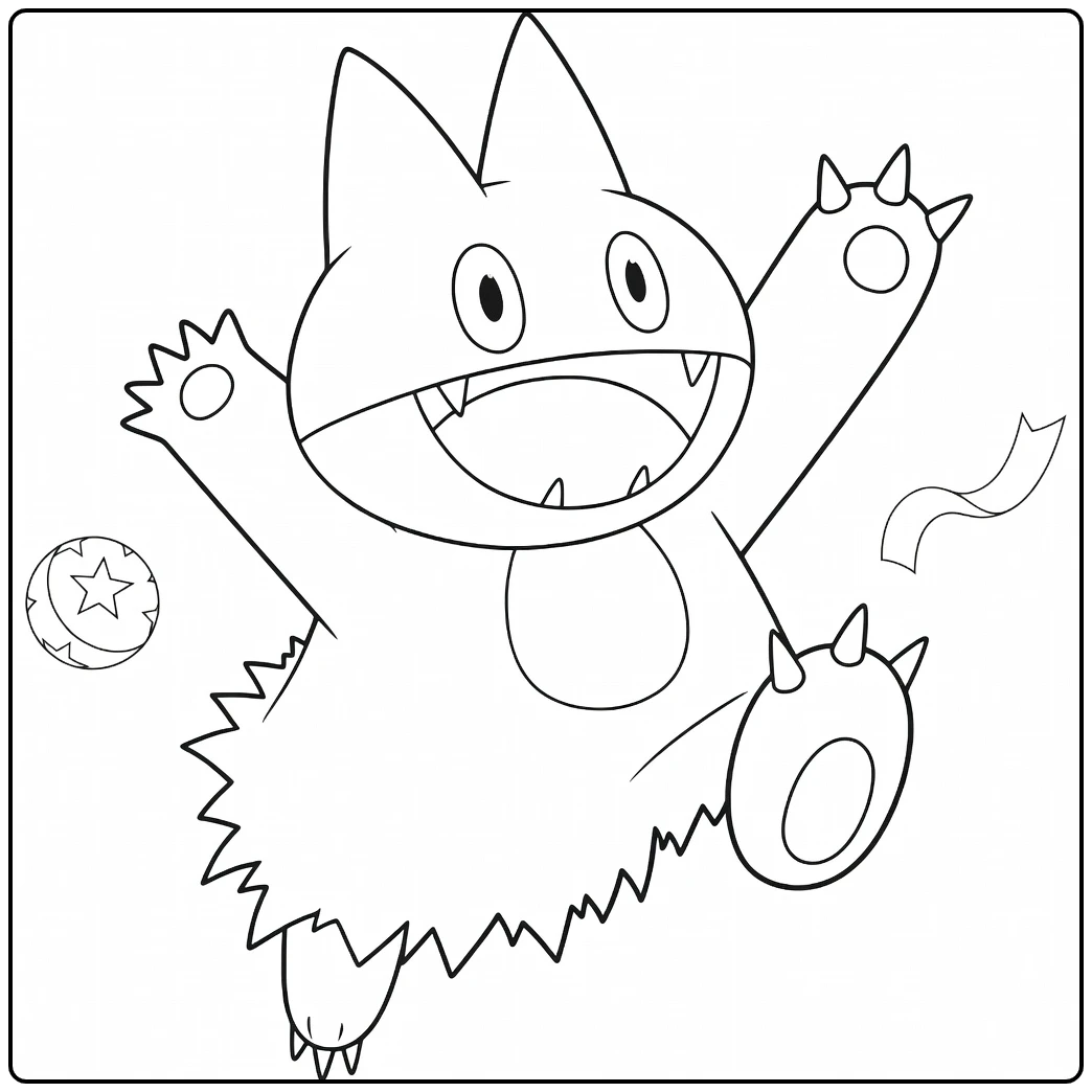 Pokemon Munchlax kleurplaat: blije Munchlax springt met Pokéball