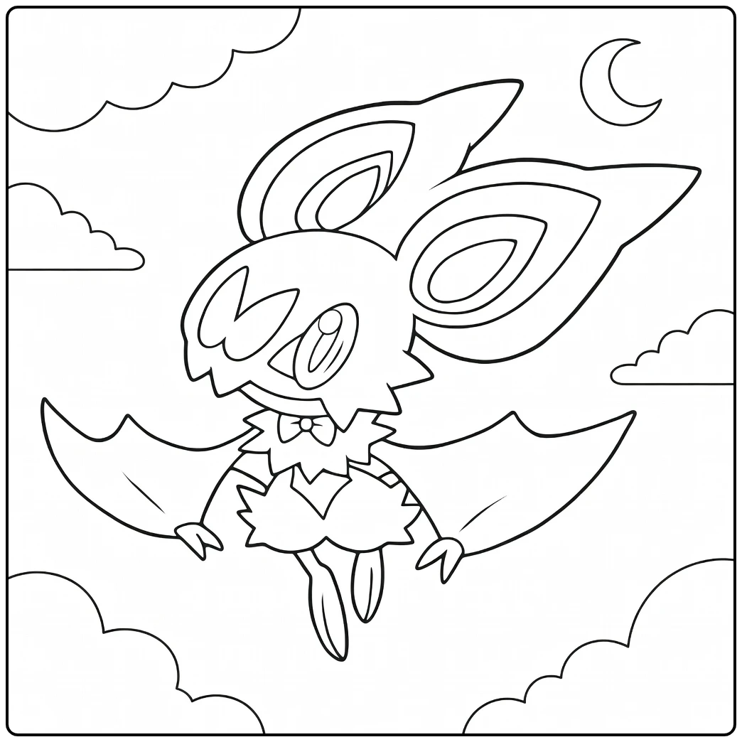 Pokemon Noibat kleurplaat vliegend bij maan en wolken