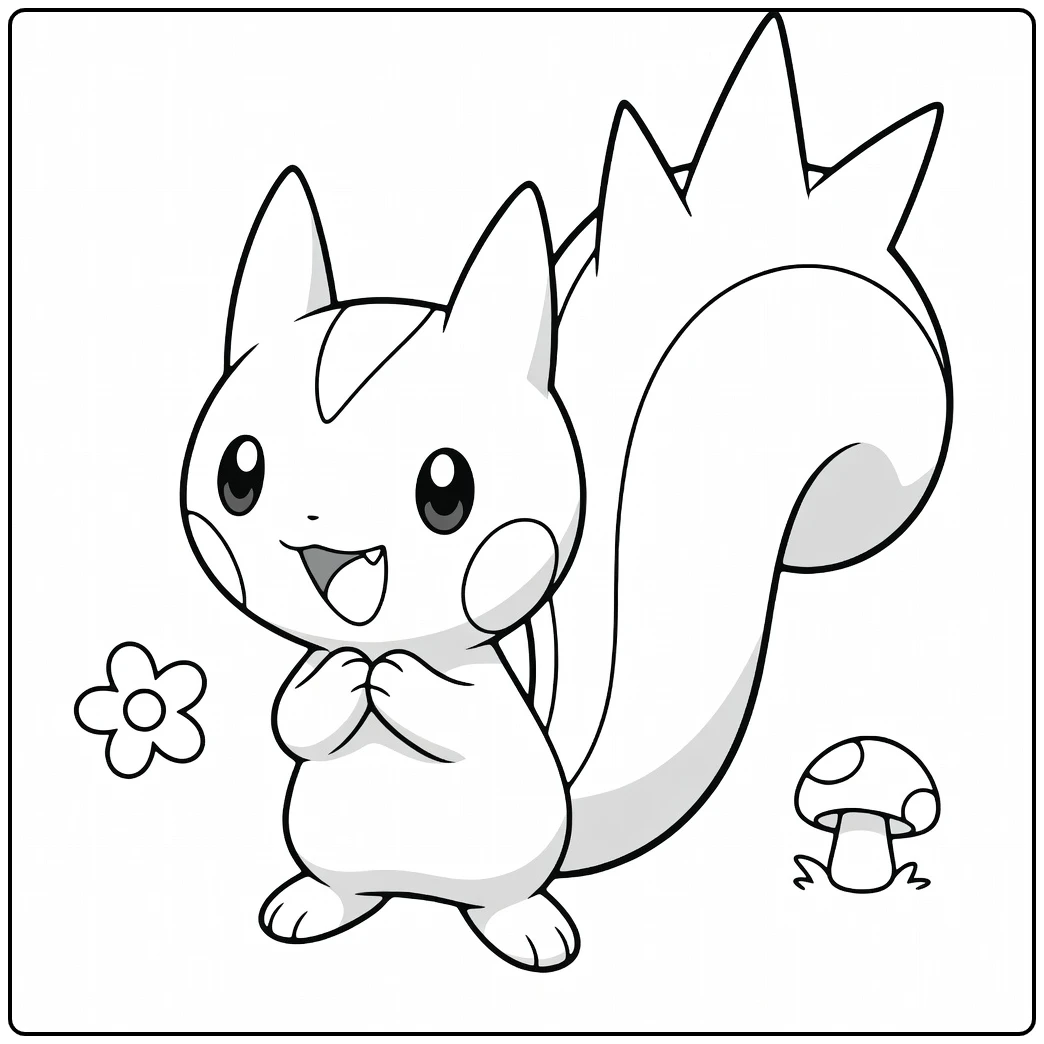 Pokemon Pachirisu kleurplaat met bloem en paddenstoel