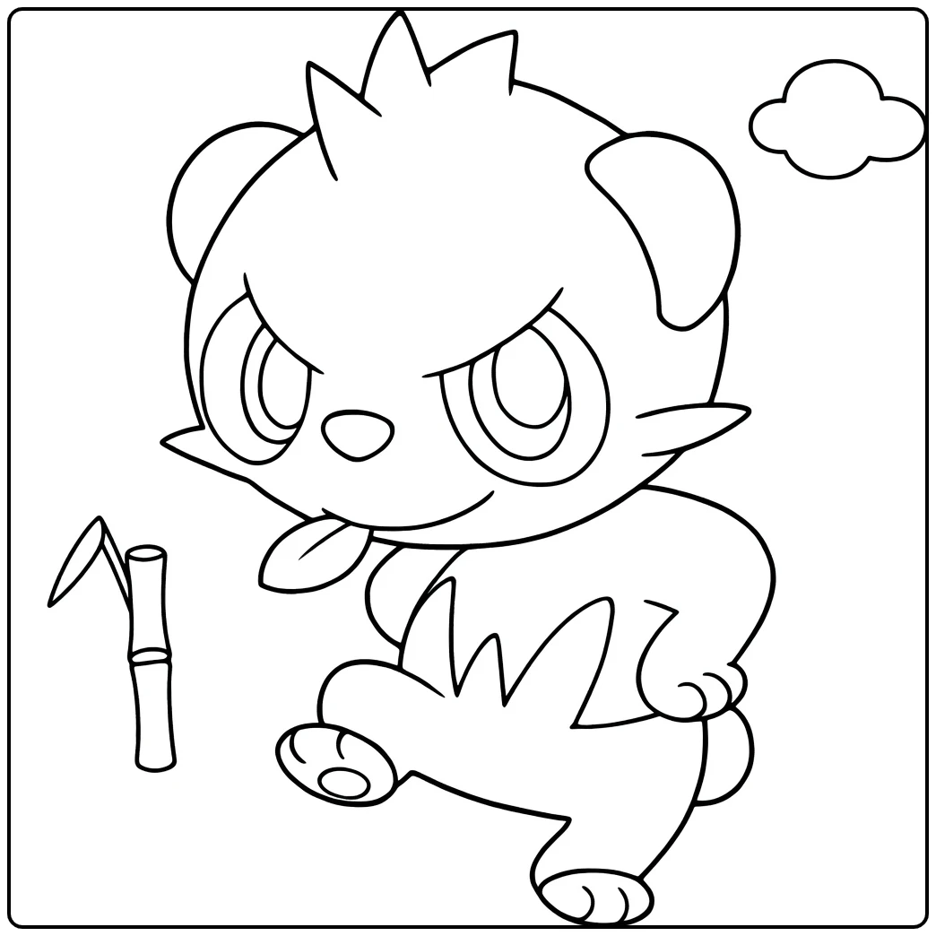 Pokemon Pancham kleurplaat met bamboe en boze blik