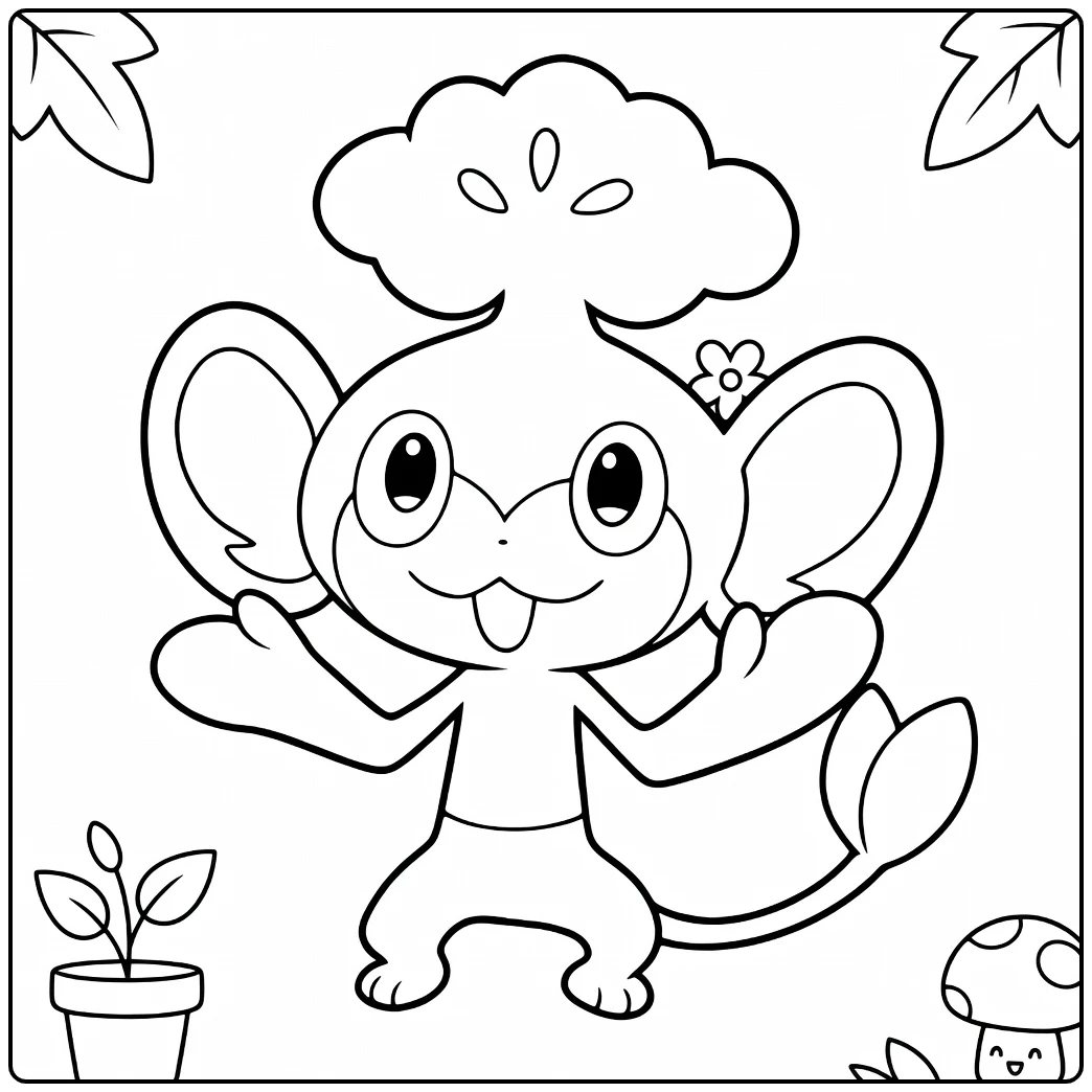 Pokemon Pansage kleurplaat met planten en paddestoel