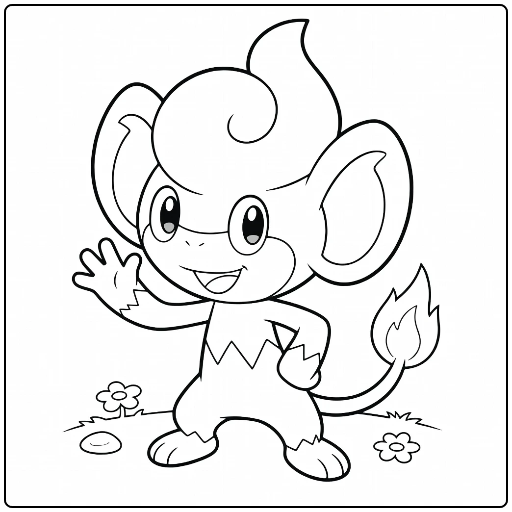 Pokemon Pansear kleurplaat: wuivende vuur-aap met bloemen