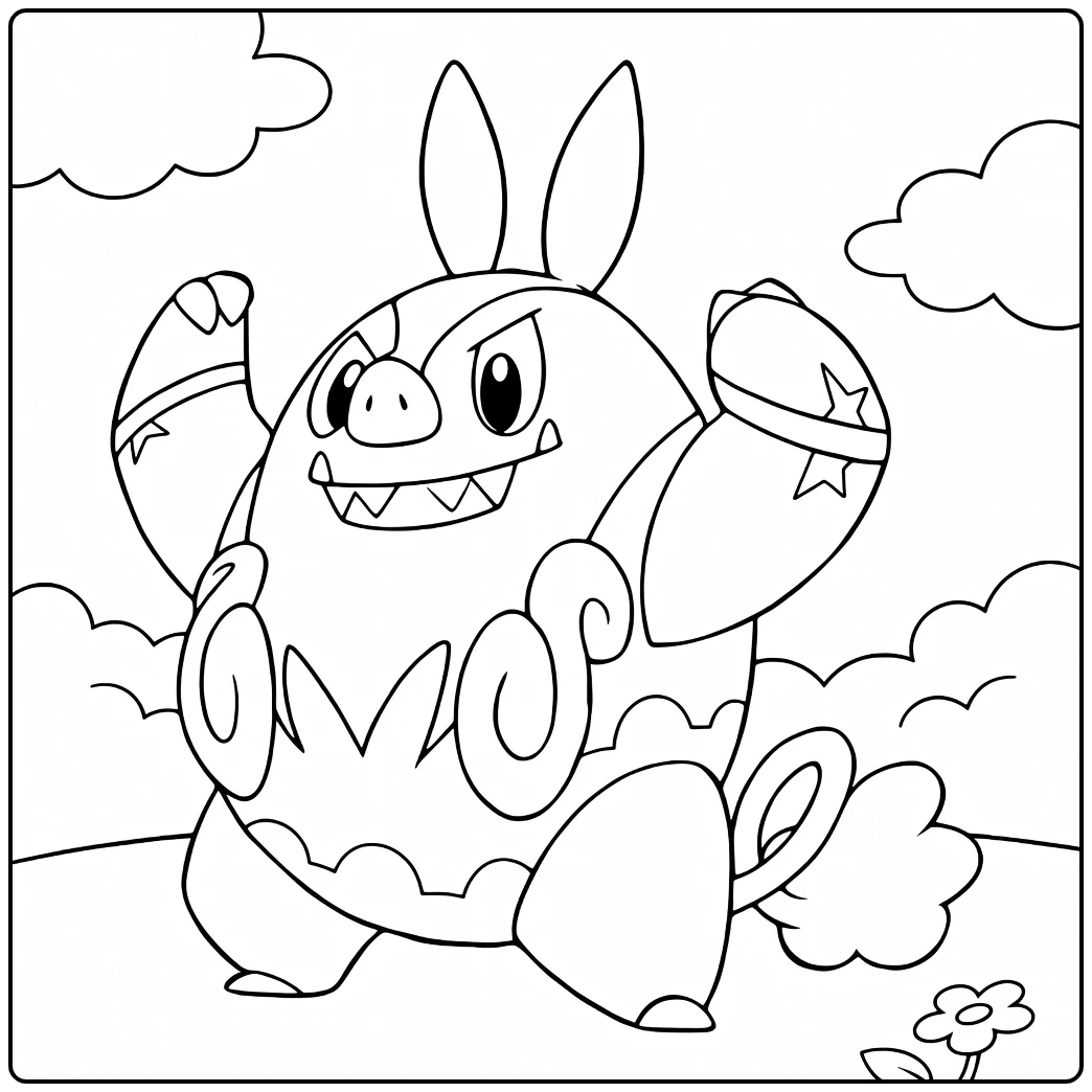 Pokemon Pignite kleurplaat: boze pose met vlammen en sterren