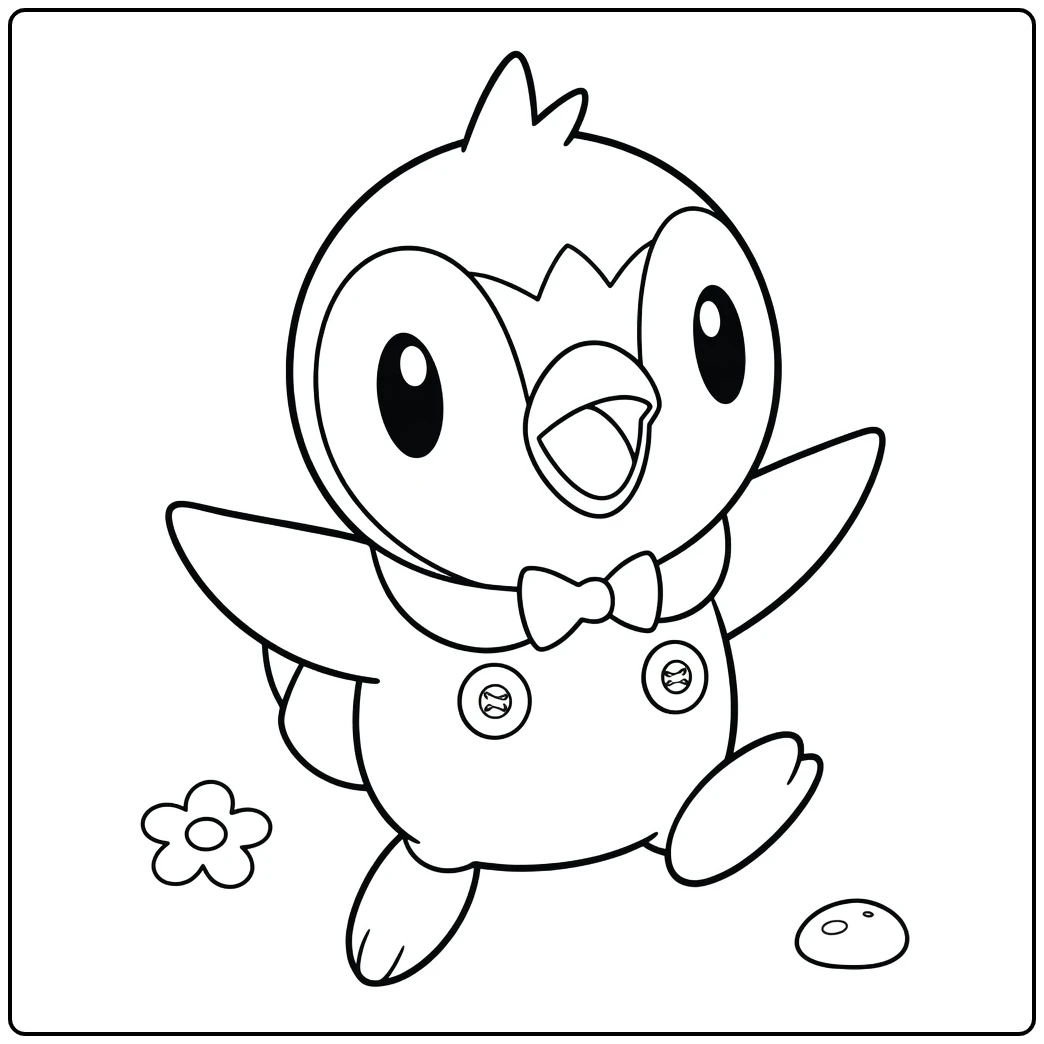 Pokemon Piplup kleurplaat: blije pinguïn met strik en bloem