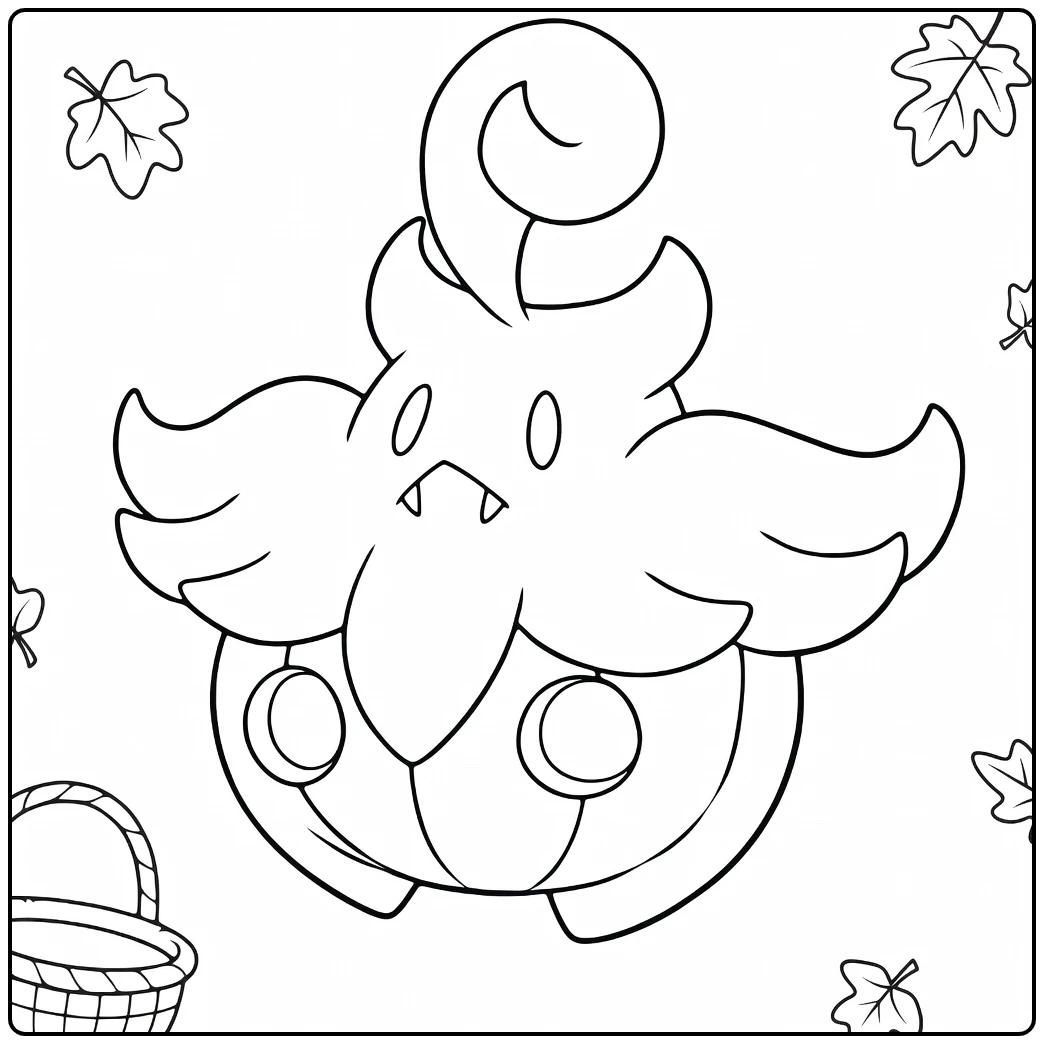 Pokemon Pumpkaboo kleurplaat met herfstbladeren en mand
