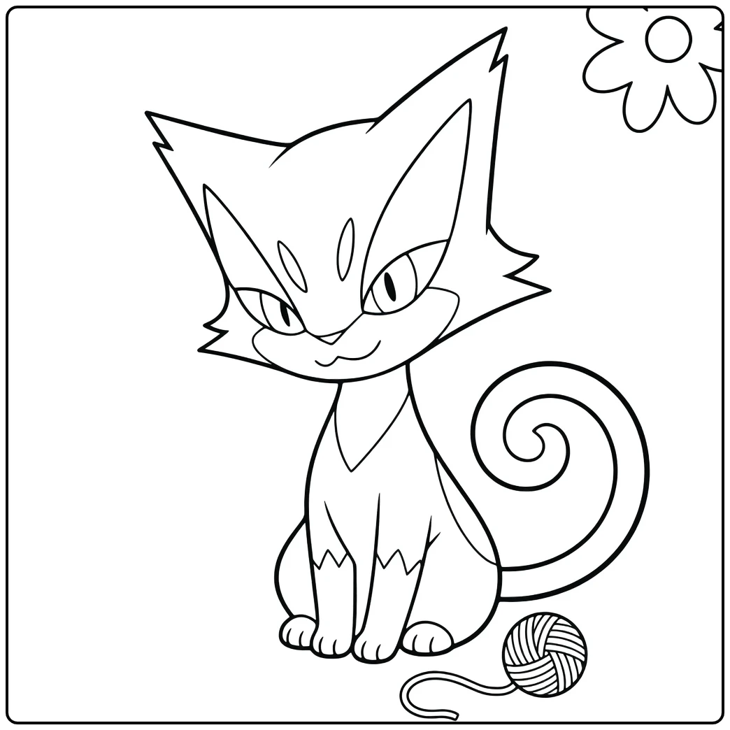 Pokemon Purrloin kleurplaat met bol wol en bloem
