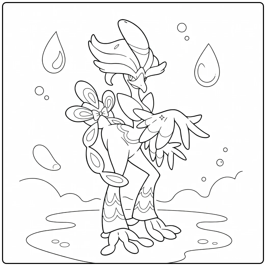 Pokemon Quaquaval kleurplaat met bubbels en druppels