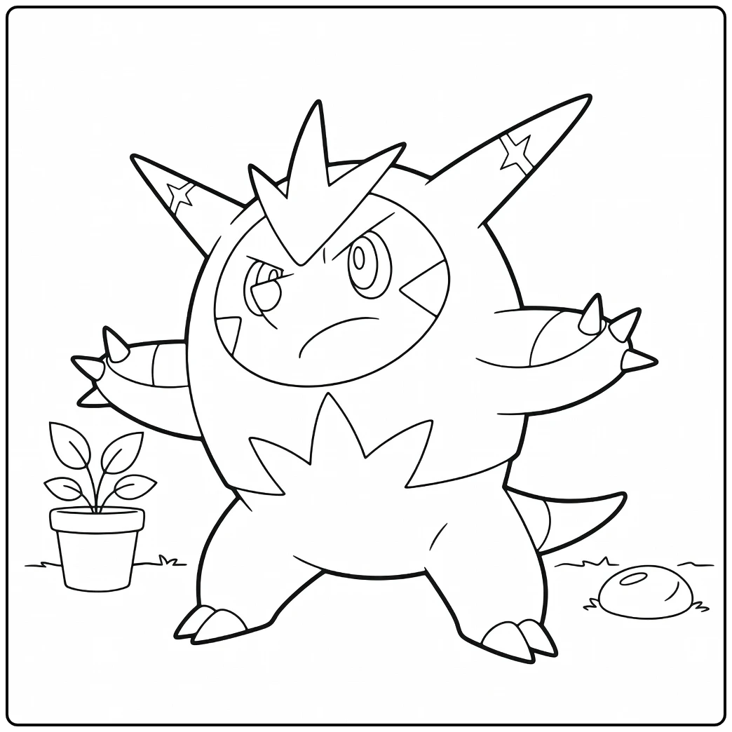 Pokemon Quilladin kleurplaat met spikes en plant