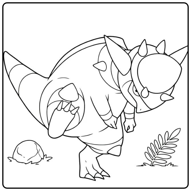 Pokemon Rampardos kleurplaat: brullende dinosaurus