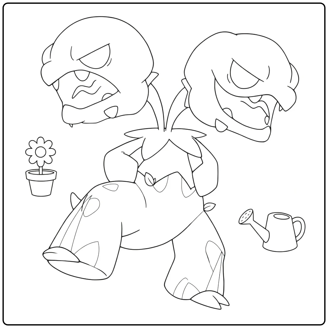 Pokemon Rellor kleurplaat met twee boze koppen en gieter