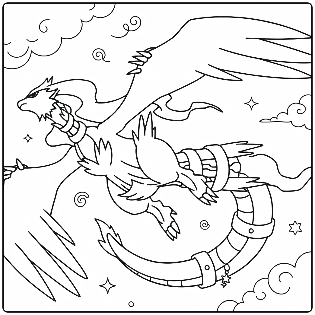 Pokemon Reshiram kleurplaat vliegend met wolken