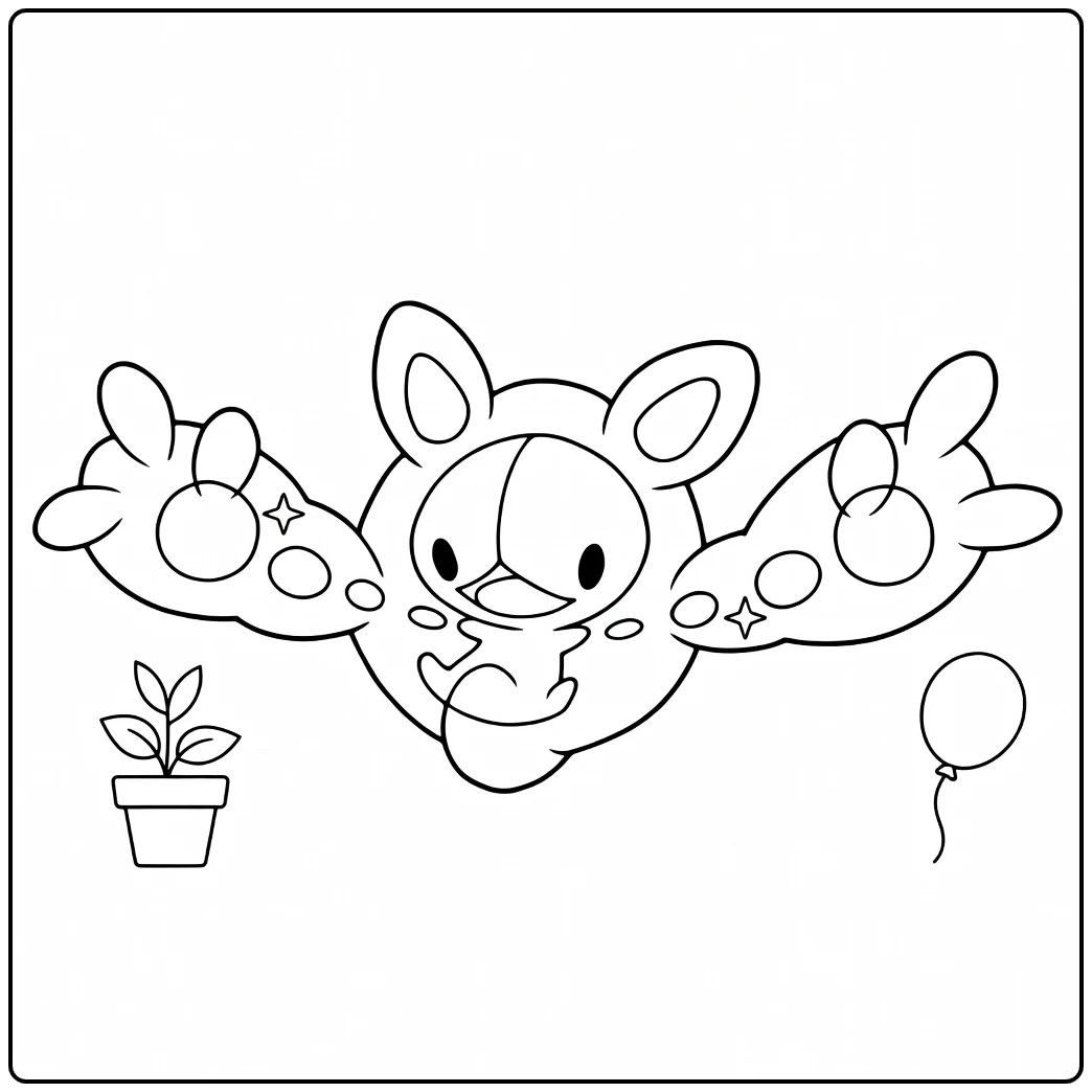 Pokemon Reuniclus kleurplaat met sterretjes, plant en ballon