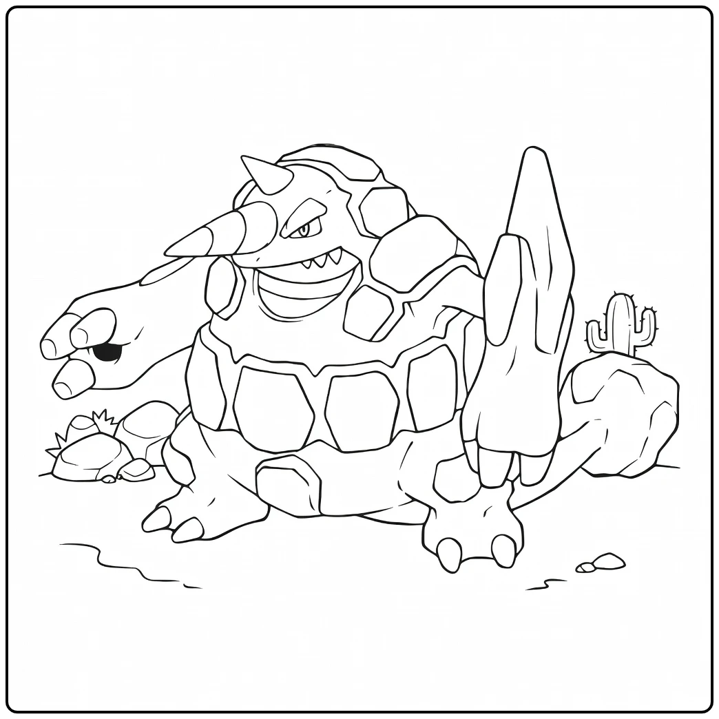 Pokemon Rhyperior kleurplaat met rotsen en cactussen