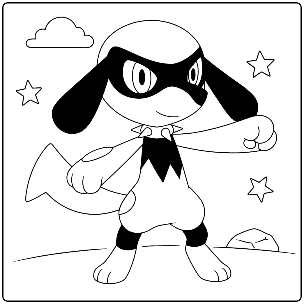 Pokemon Riolu kleurplaat in stoere vechtpose met sterren