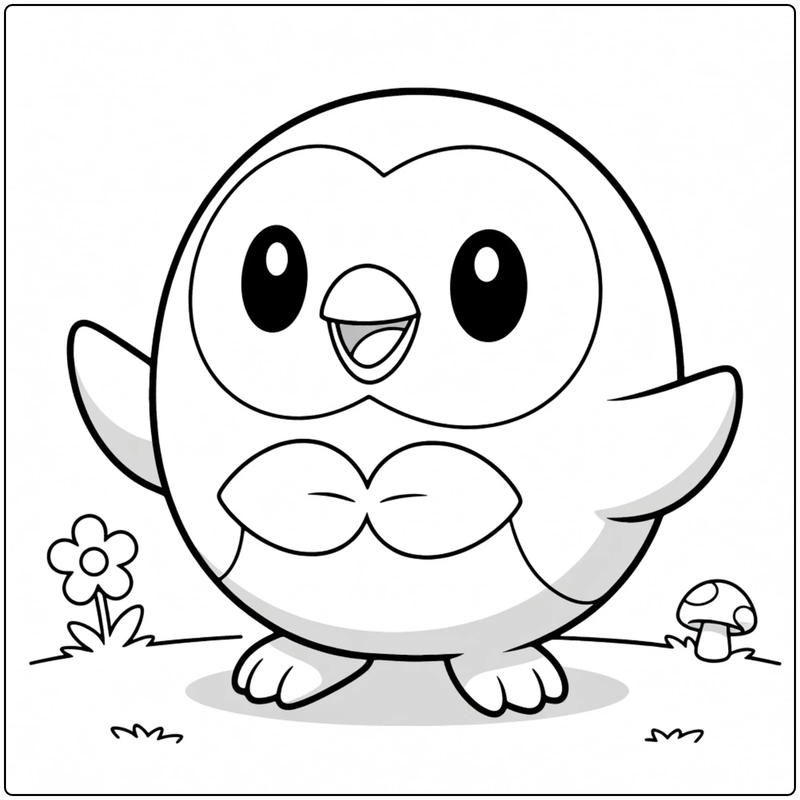 Pokemon Rowlet kleurplaat: schattige lachende uil