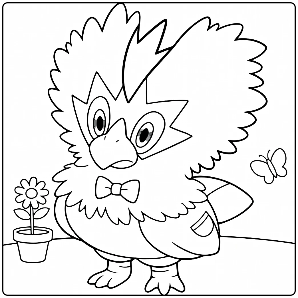 Pokemon Rufflet kleurplaat met strik, madeliefje en vlinder