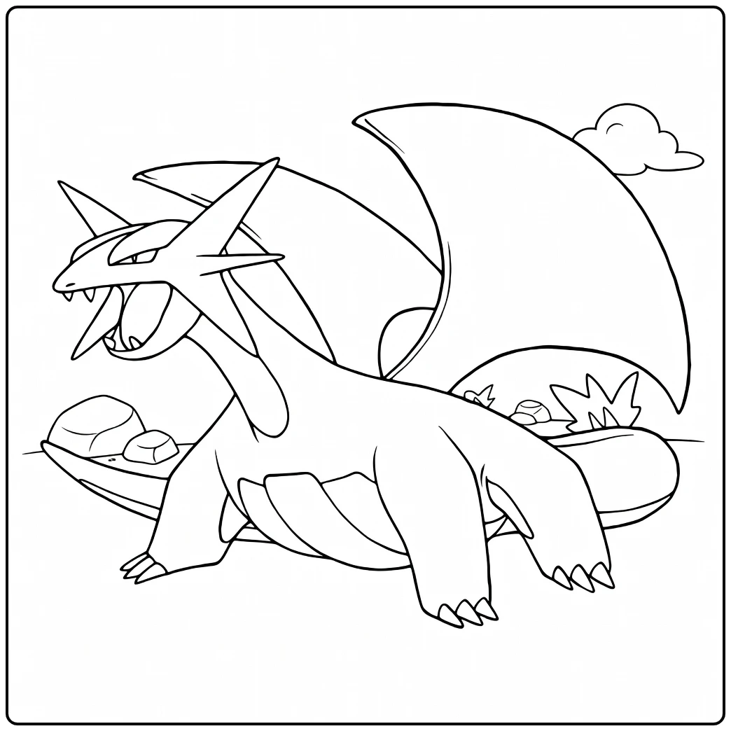 Pokemon Salamence kleurplaat brullend met vleugels
