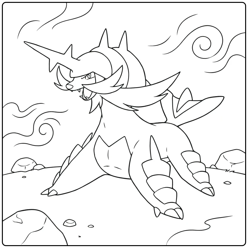 Pokemon Samurott kleurplaat in dynamische aanvalspose met wind