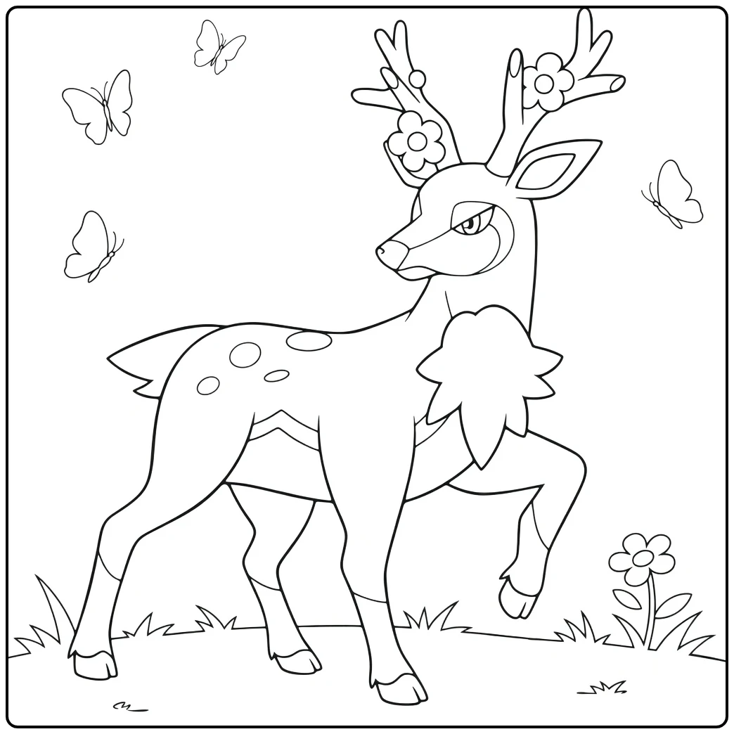 Pokemon Sawsbuck kleurplaat met vlinders en bloemen