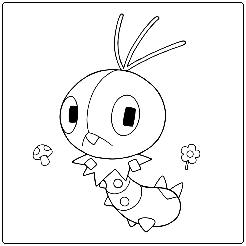Pokemon Scatterbug kleurplaat met rups, paddestoel, bloem