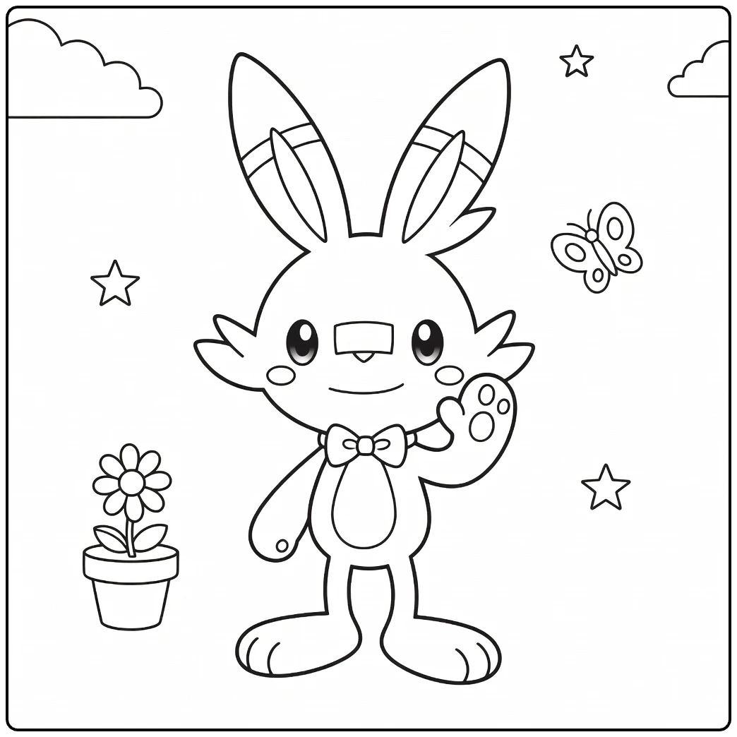 Pokemon Scorbunny kleurplaat: schattig zwaaiend