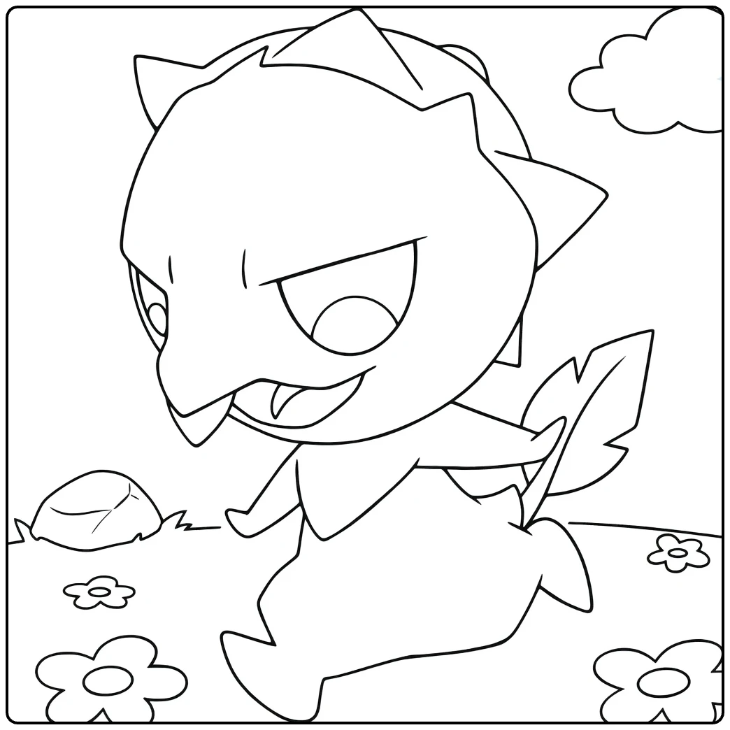 Pokemon Scovillain kleurplaat met bloemen en wolken