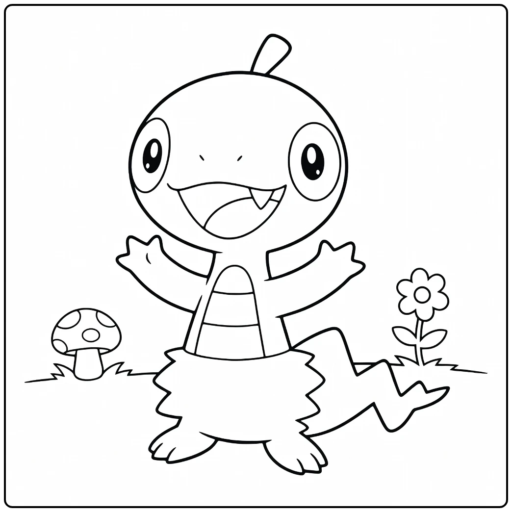 Pokemon Scraggy kleurplaat met paddenstoel en bloem