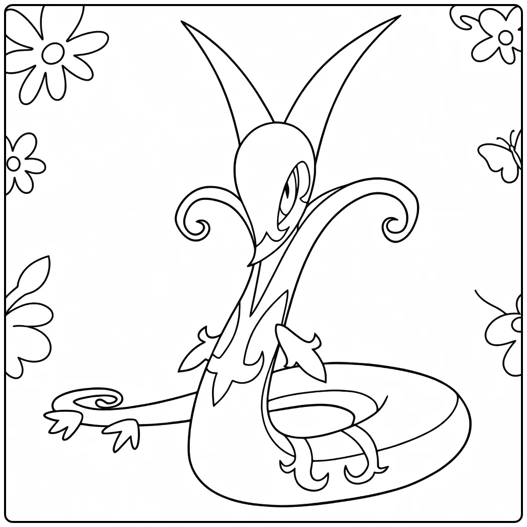 Pokemon Serperior kleurplaat met bloemen en vlinders