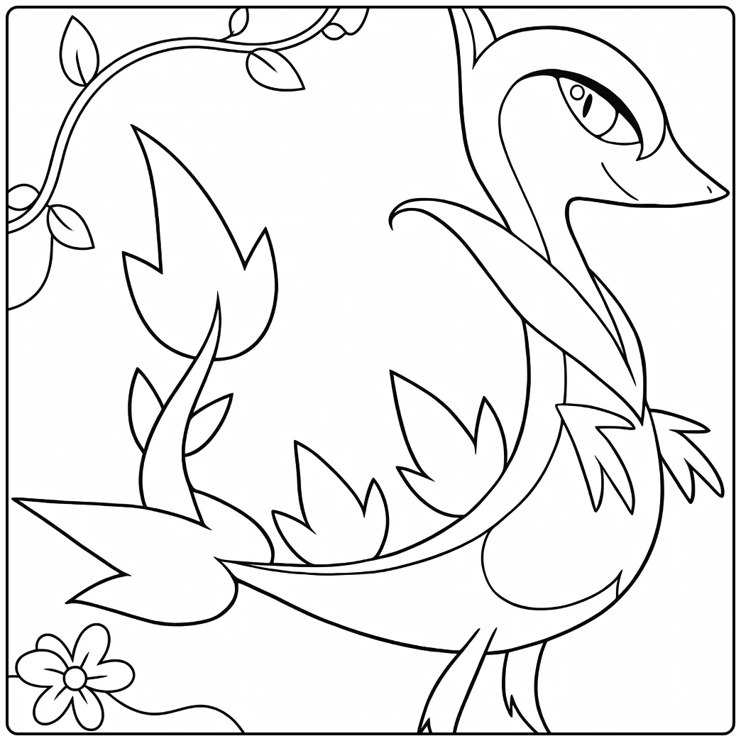 Pokemon Servine kleurplaat met bladeren en bloemen