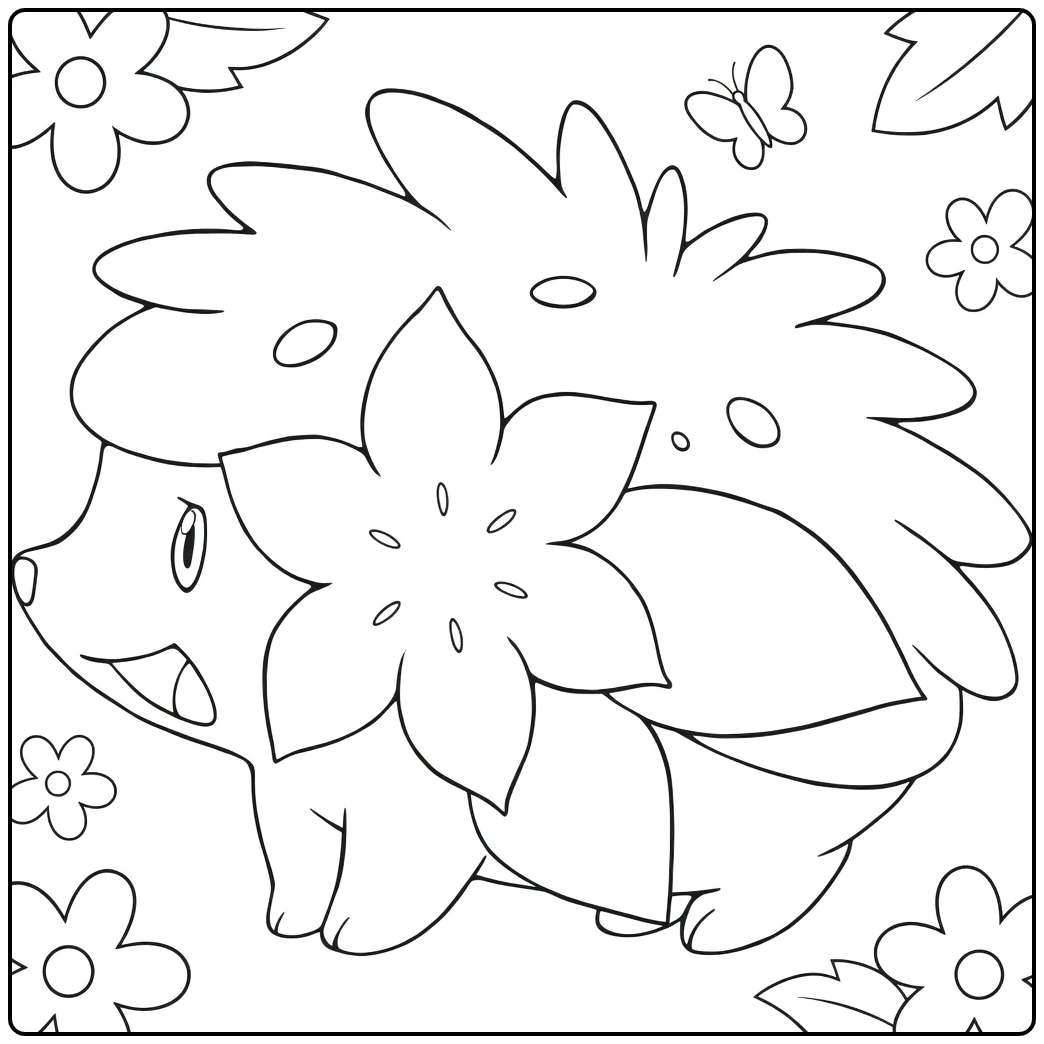 Pokemon Shaymin kleurplaat met bloemen vlinders