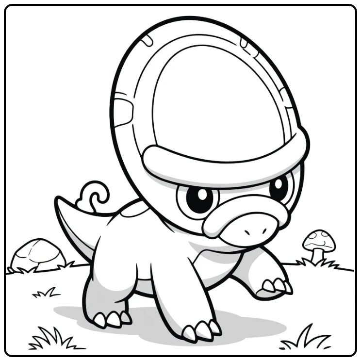Pokemon Shieldon kleurplaat met gras en paddenstoelen