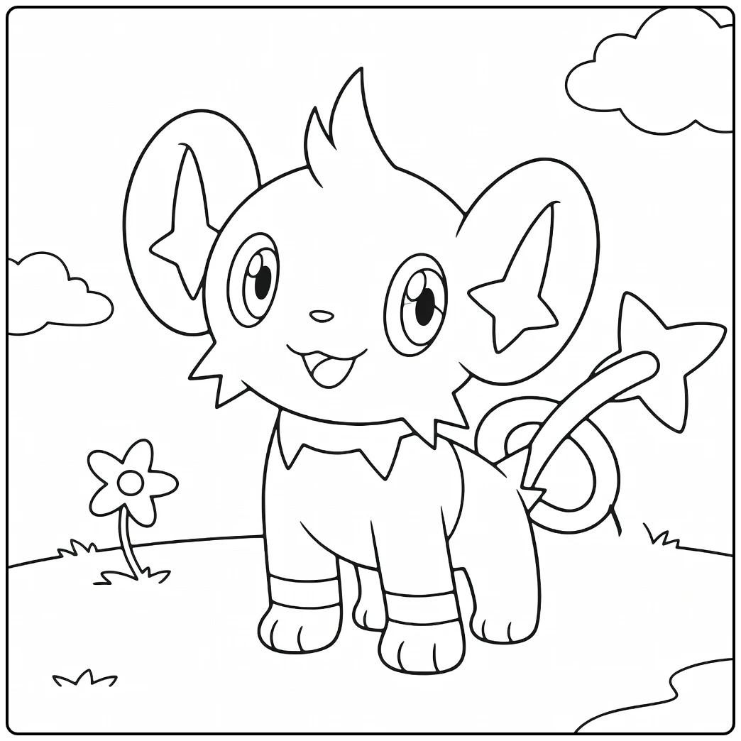 Pokemon Shinx kleurplaat met sterren, bloem en wolken