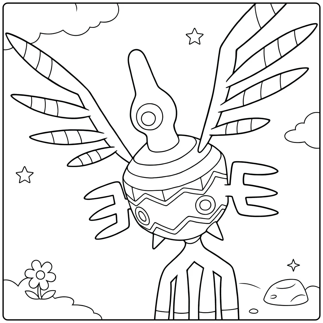 Pokemon Sigilyph kleurplaat met vleugels, wolken en sterren