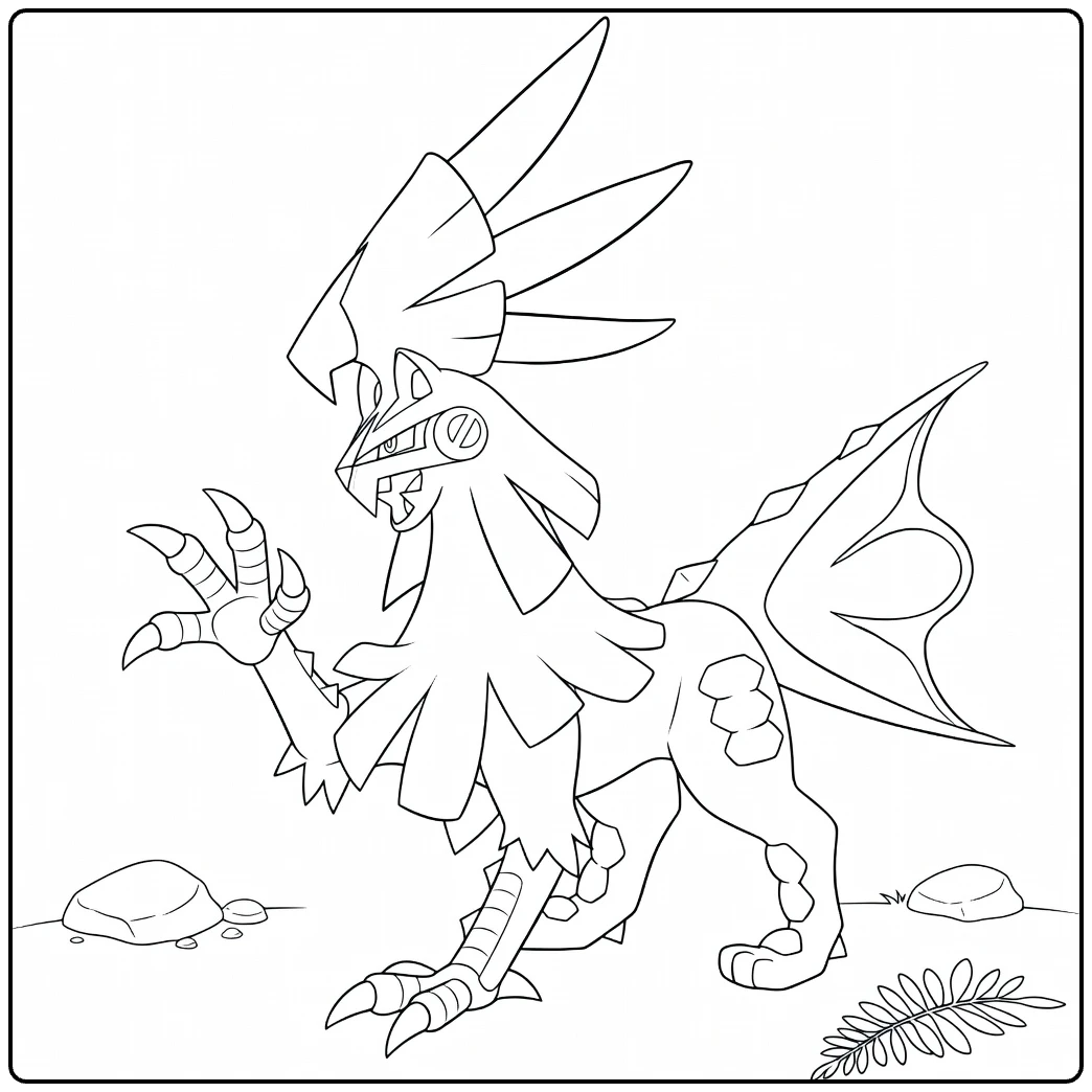 Pokemon Silvally kleurplaat in dynamische pose met vleugels