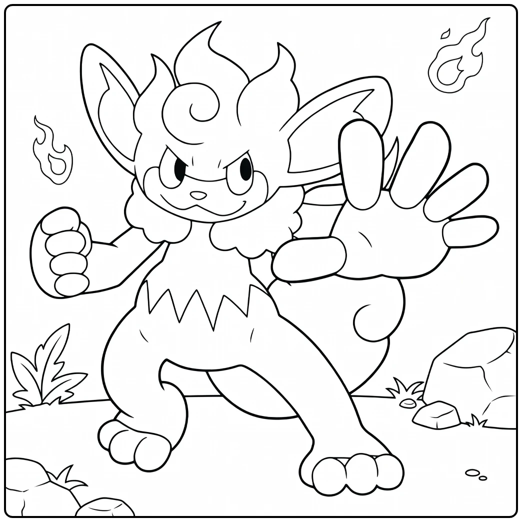 Pokemon Simisear kleurplaat met vuur en actiepose
