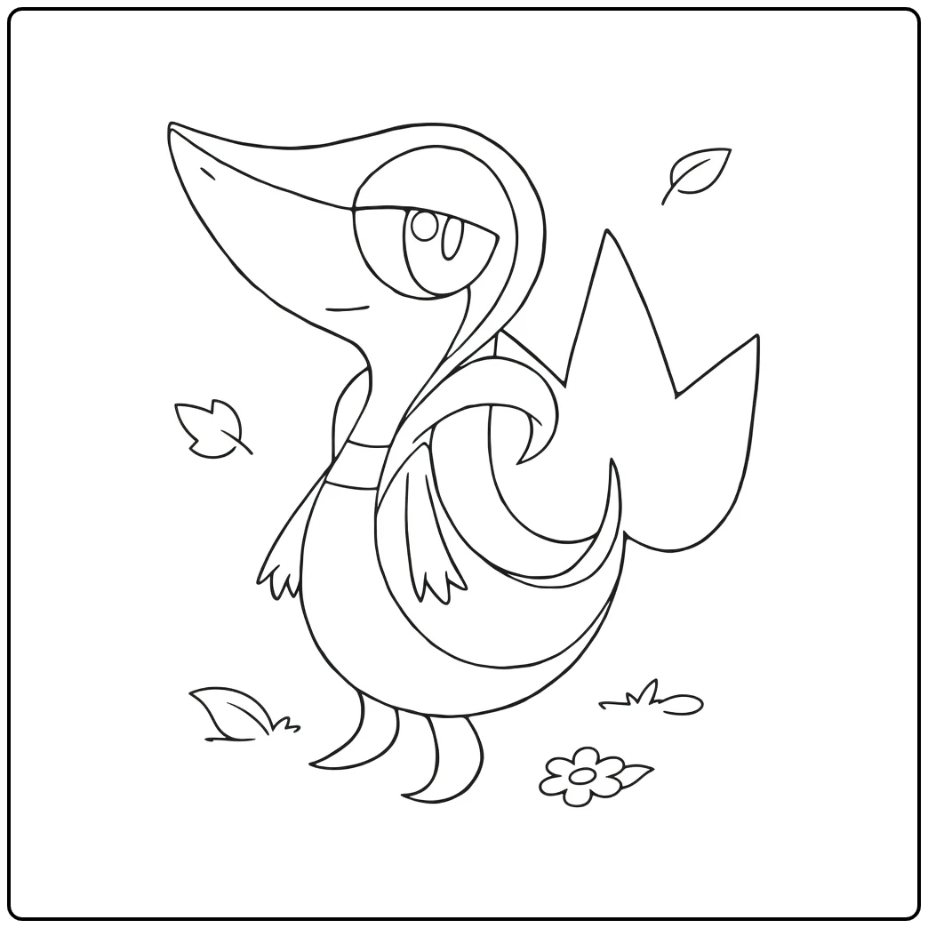 Pokemon Snivy kleurplaat met bladeren en bloem
