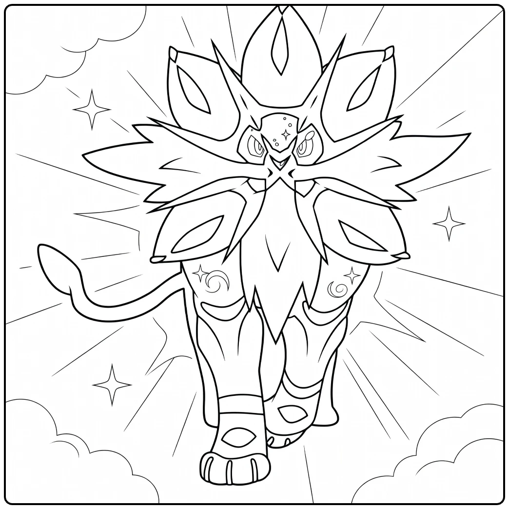 Pokemon Solgaleo kleurplaat met sterren en wolken