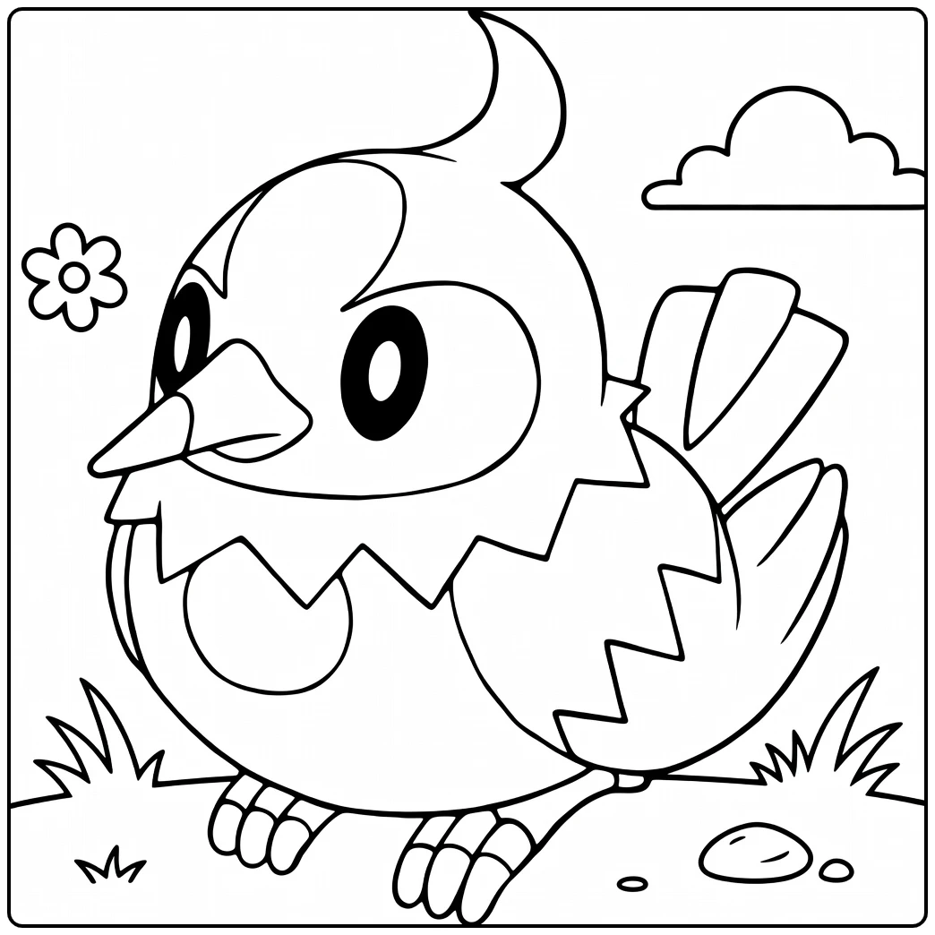 Pokemon Starly kleurplaat met bloem en gras, schattig