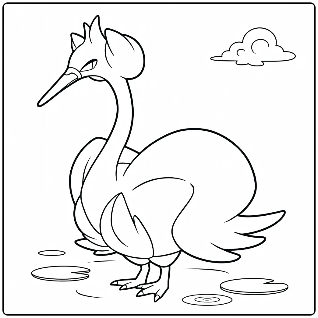 Pokemon Swanna kleurplaat met waterlelies en wolken