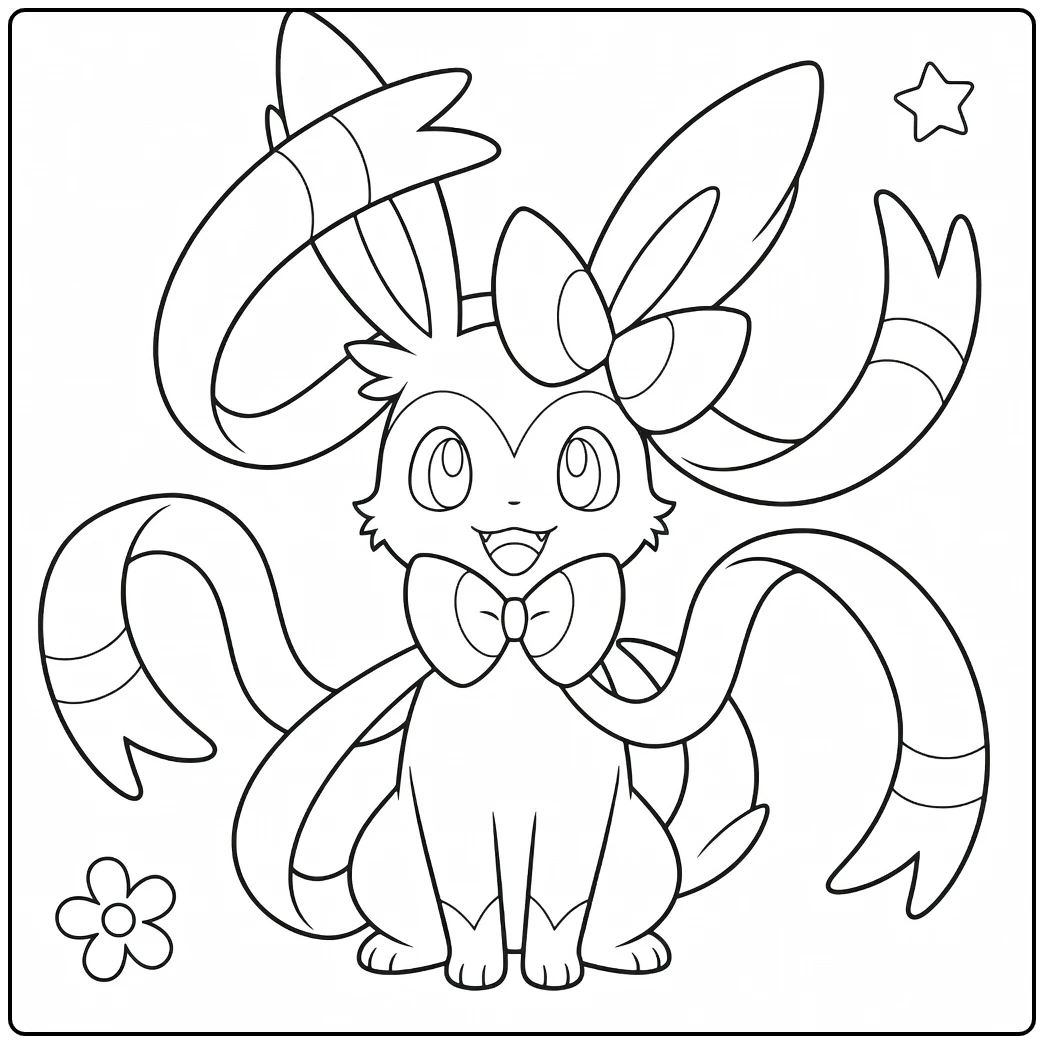Pokemon Sylveon kleurplaat schattig met linten en ster