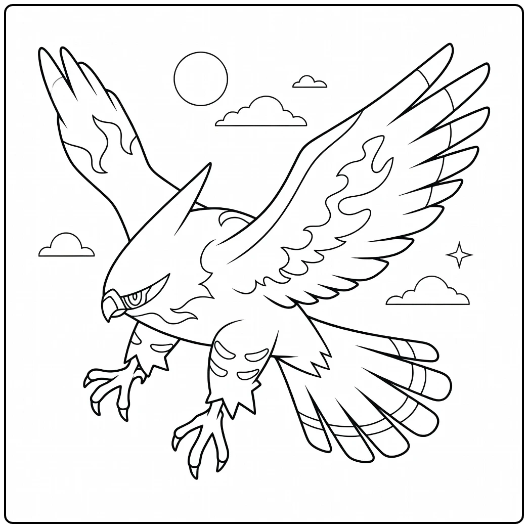 Pokemon Talonflame kleurplaat vliegend met vlammen