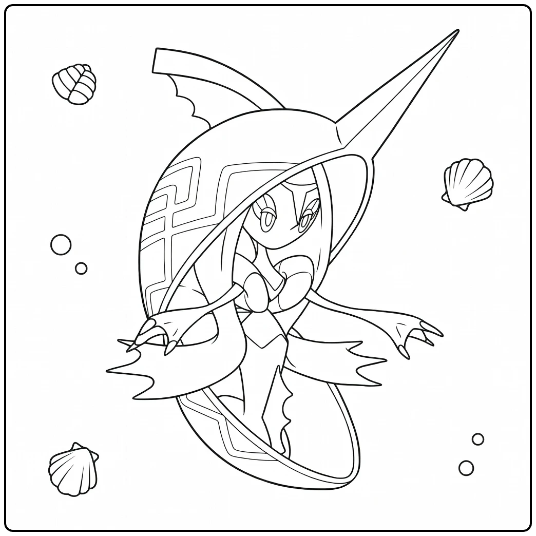 Pokemon Tapu Fini kleurplaat met schelpen en bubbels