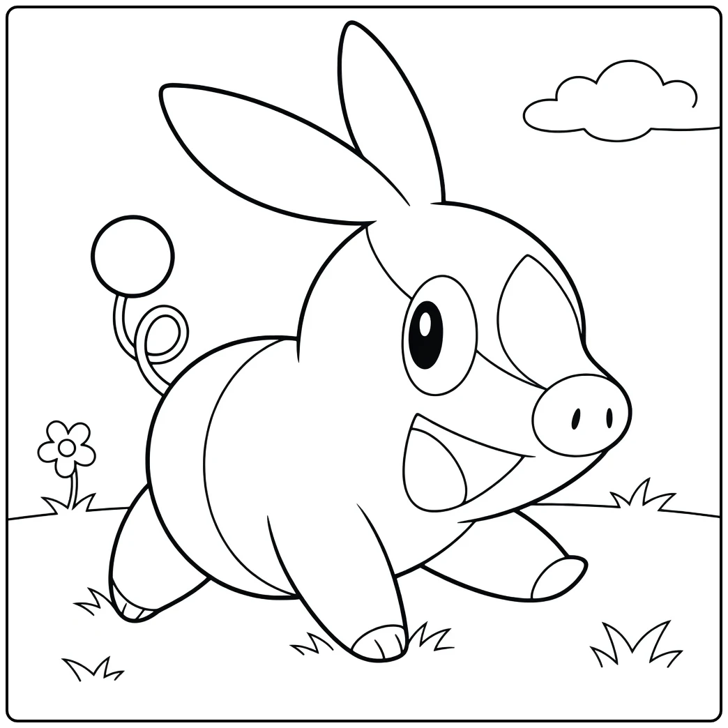 Pokemon Tepig kleurplaat rennend in gras met bloemen
