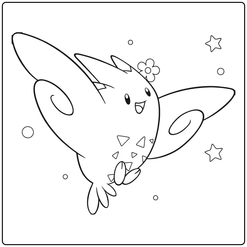 Pokemon Togekiss kleurplaat: vliegend met bloemen en sterren