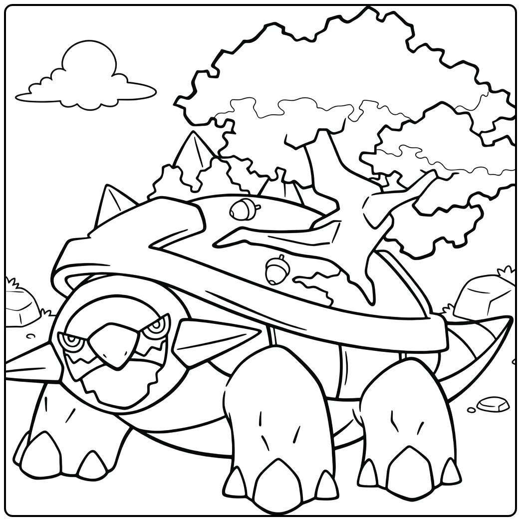 Pokemon Torterra kleurplaat met boom en bergenlandschap
